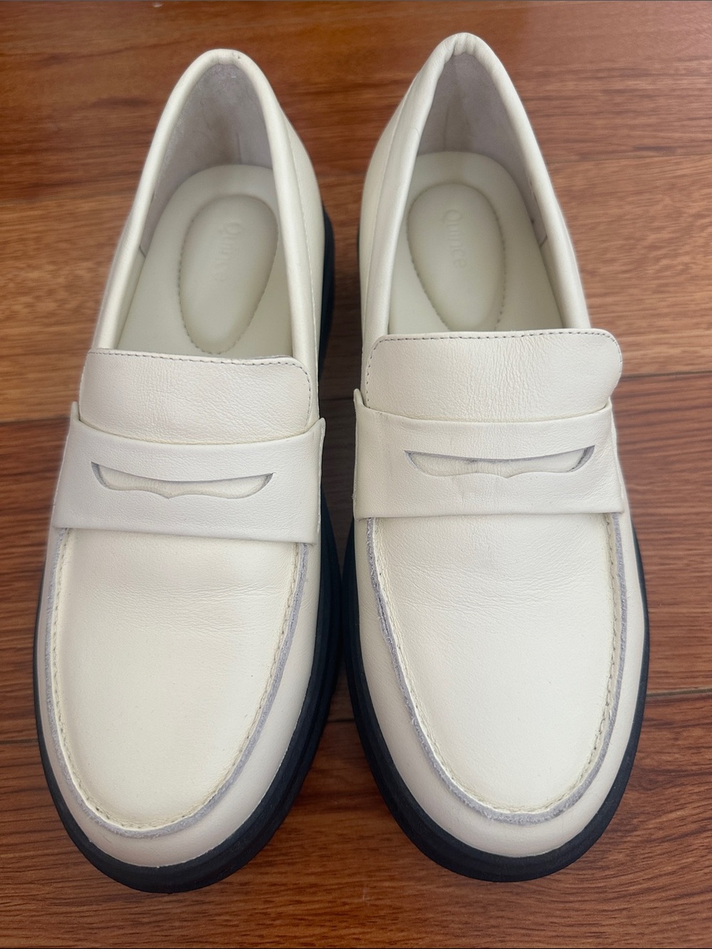 Women's Cream Leather Penny Loafers with Black Sole